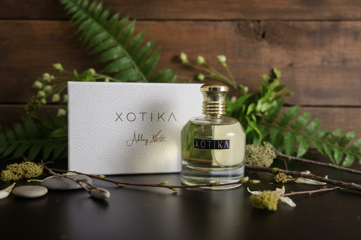 Xotika perfume bottle with packaging on a wooden surface with greenery