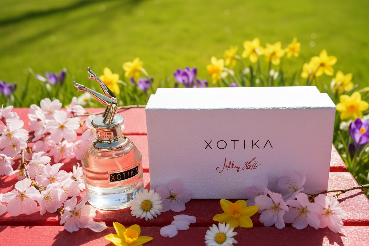 Xotika perfume bottle and box on a surface with a blurred background