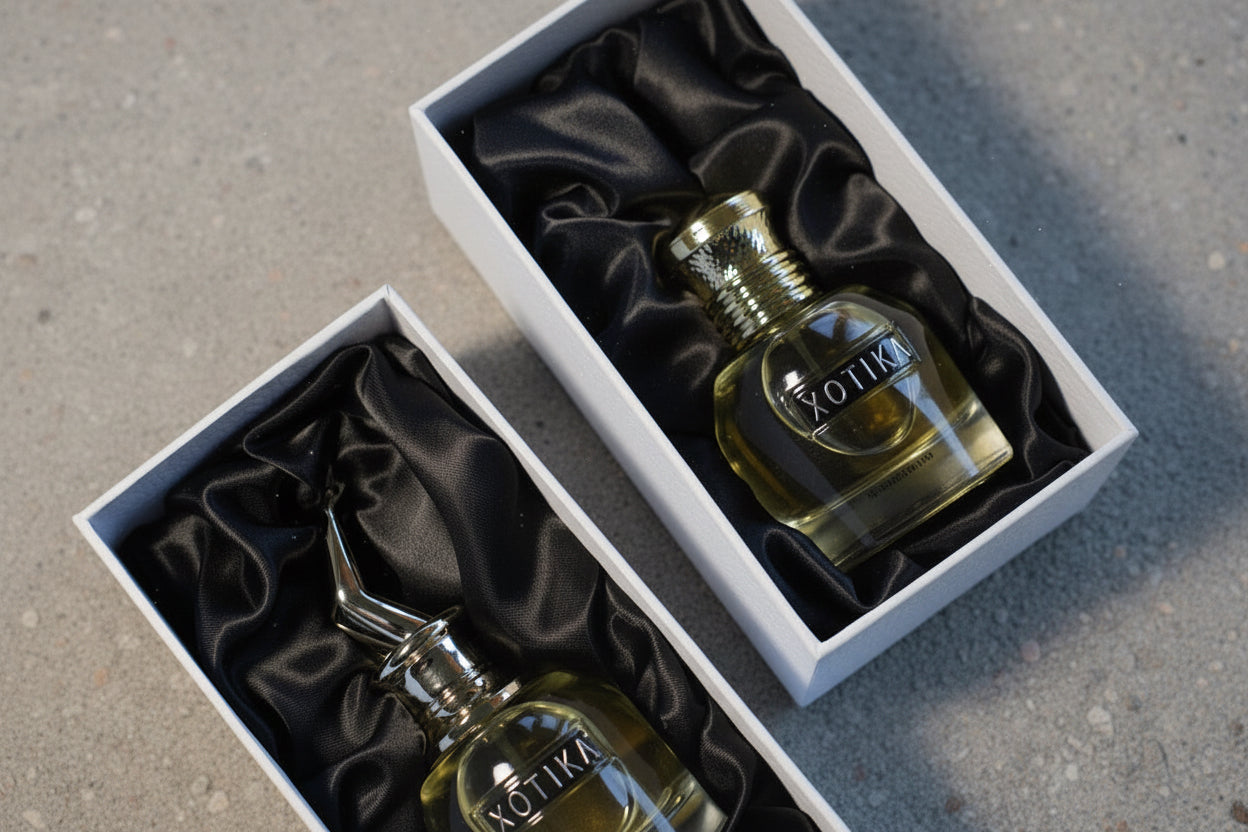 Two bottles of XOTIKA in white boxes with black satin lining on a concrete surface.