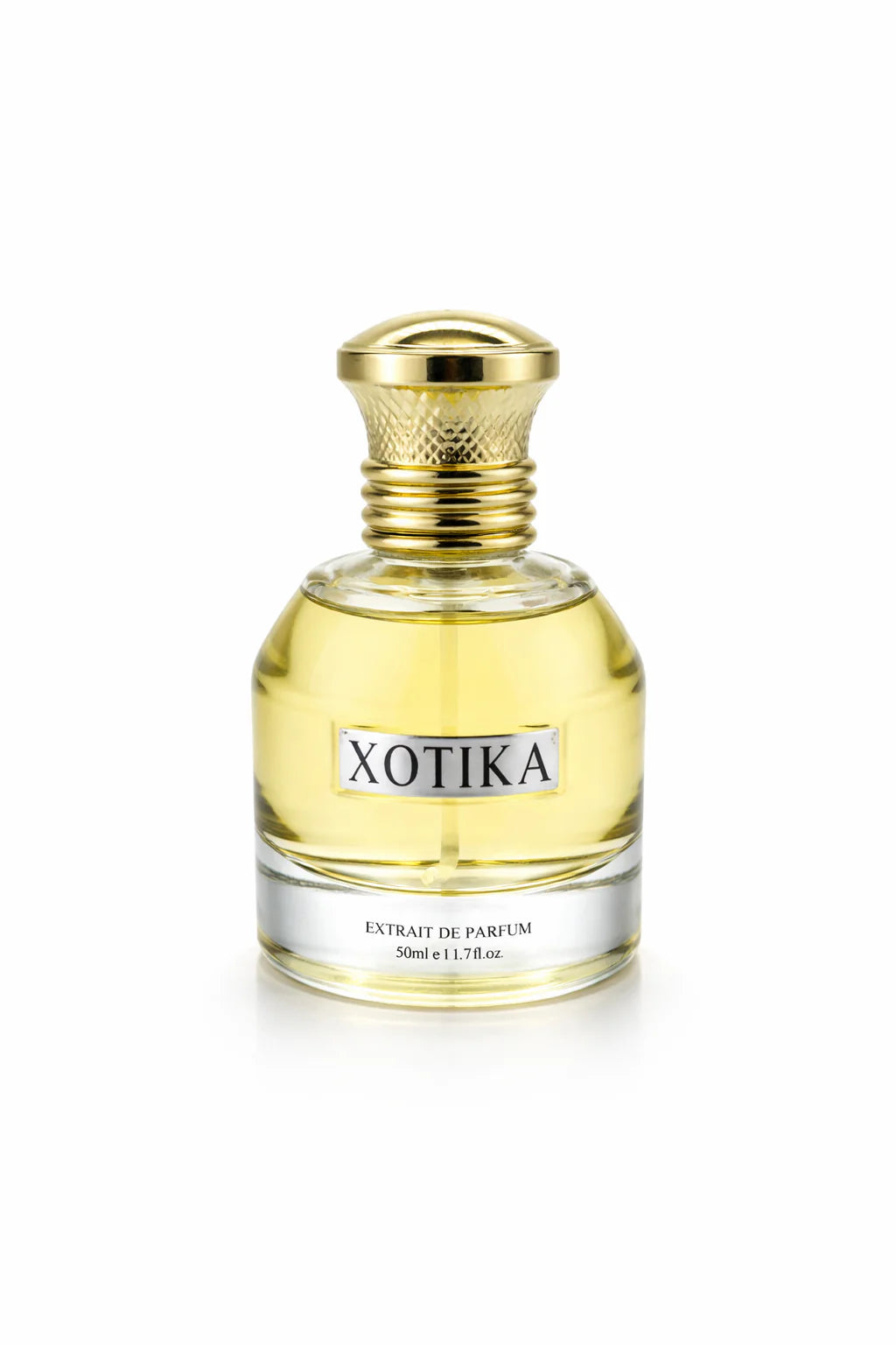A 50ml glass bottle of XOTIKA Extrait de Parfum with a textured gold cap, filled with a pale yellow liquid, set against a plain white background.
